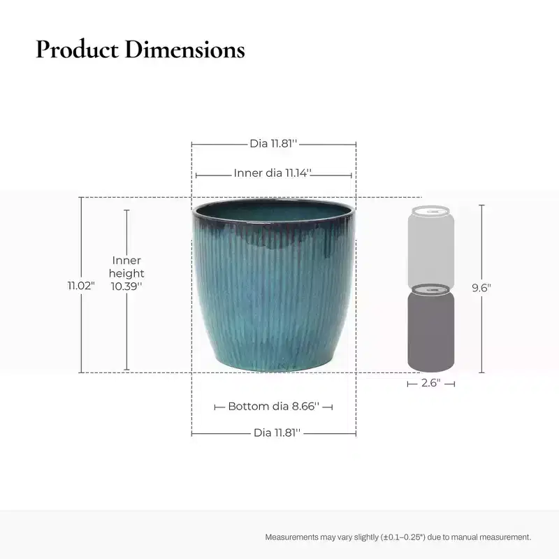 LuxenHome Forest Fade Ribbed Ceramic Planter, Glossy Blue-Green Pot with Brown Rim