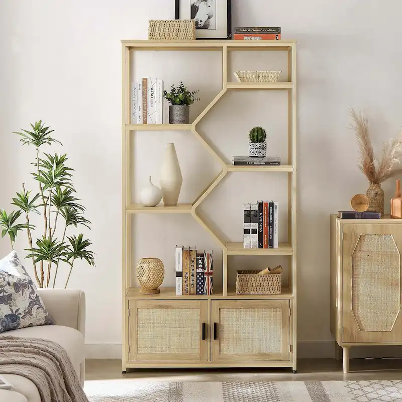 Rattan bookshelf 5 tiers Bookcases Storage Rack with cabinet for Living Room Home Office