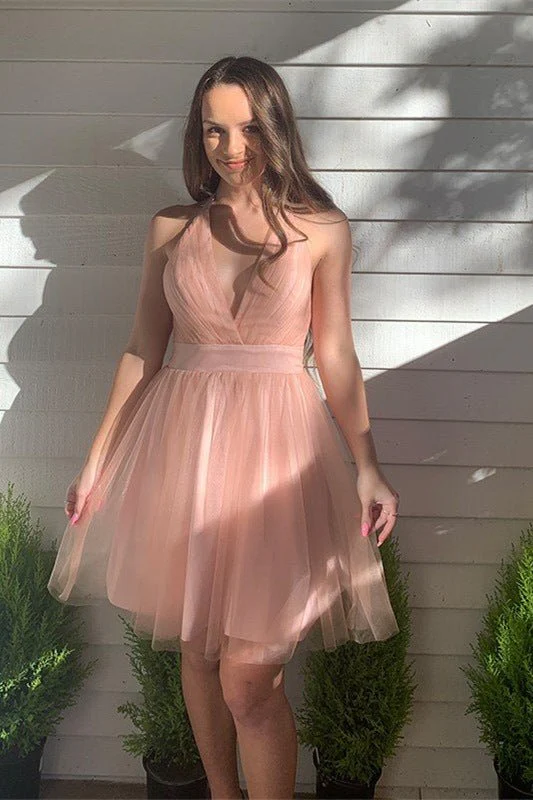A-line Blush Deep V-Neck Tulle Homecoming Dress