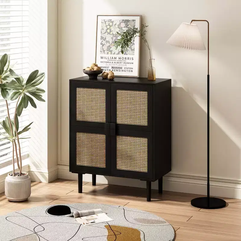 4-Door Rattan Mesh Storage Cabinet, 8-Shelf Sideboard with Diamond Handles for Entryway/Living Room Storage, Natural/Black/Gray - ModernLuxe
