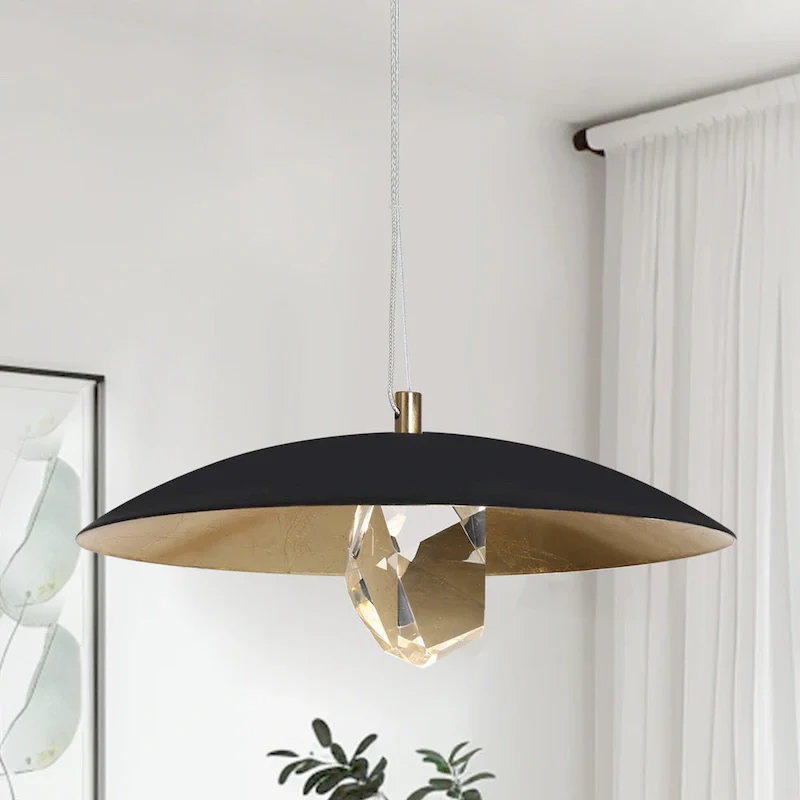 Modern LED 1-Light Crystal Pendant Light Black Gold Metal Dome Island Lights - Dia. 13.8  x H 6.3