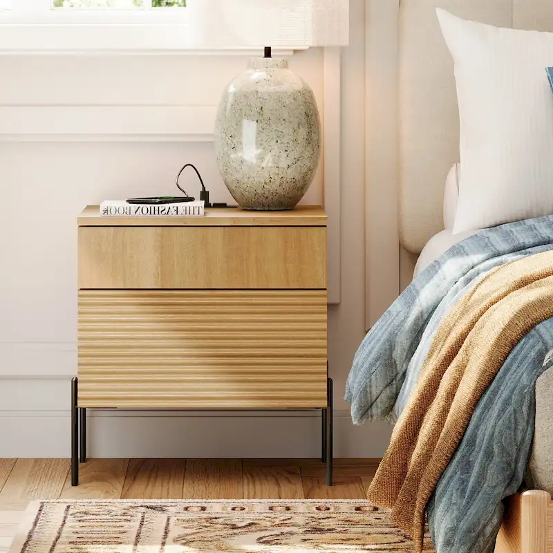 WAMPAT Fluted Nightstand with Charging Station,Modern Side Table with 2 Drawers