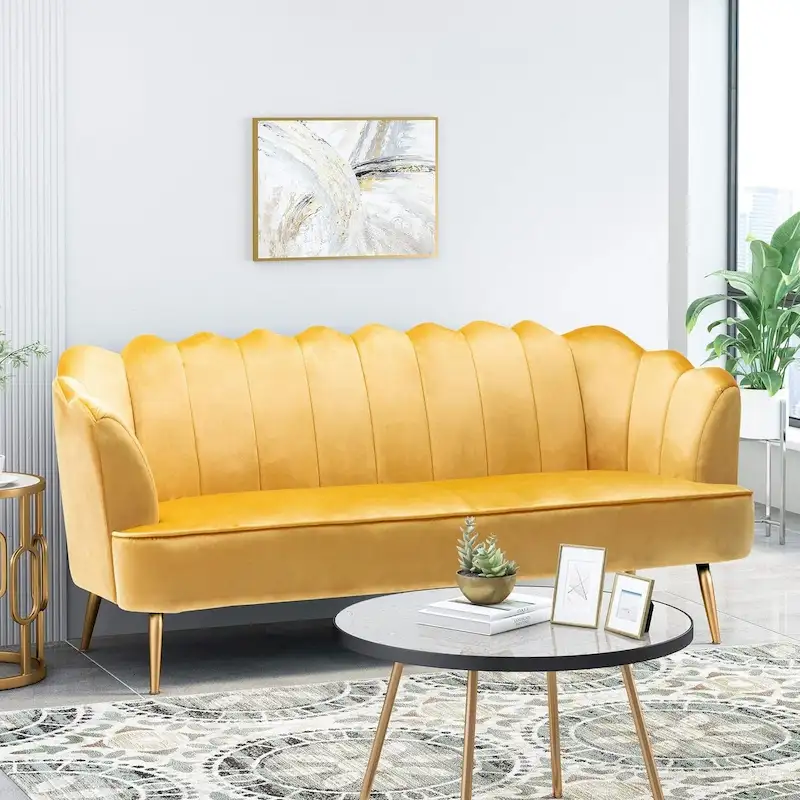 Velvet Channel Stitched 3-Seater Sofa with Gold Metal Legs
