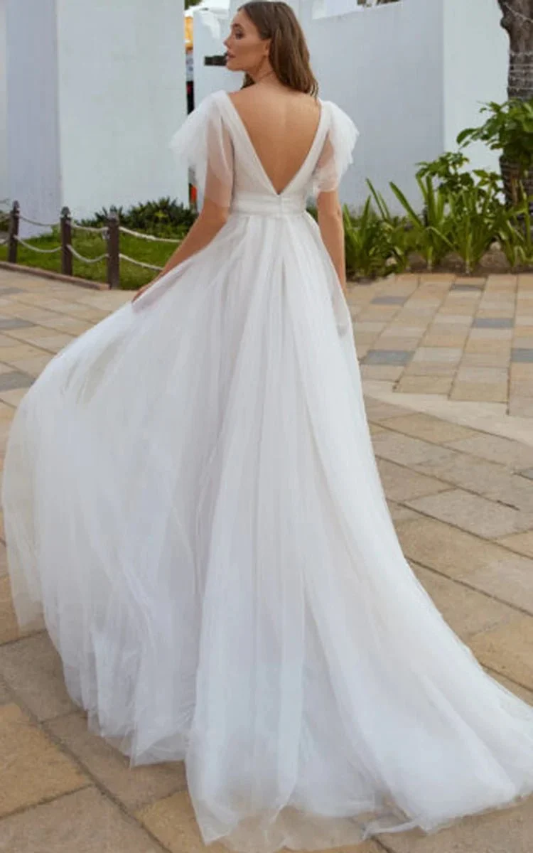 Casual Beach A-Line Tulle Wedding Dress With V-neck And Low-V Back