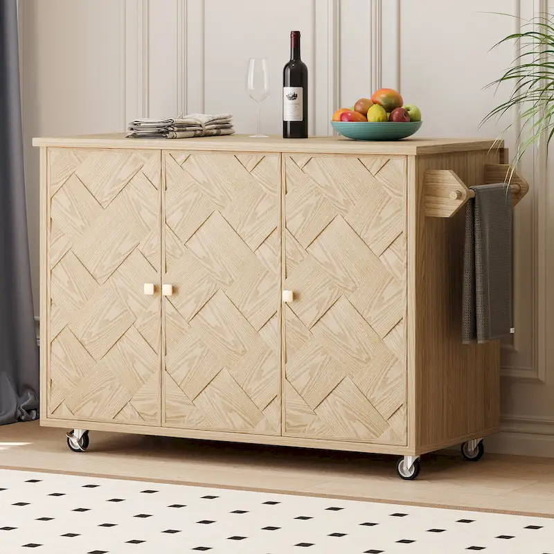 Handwoven Ash Veneer Kitchen Island with Drop Leaf – Black / Natural Wood / Navy Blue / Champagne