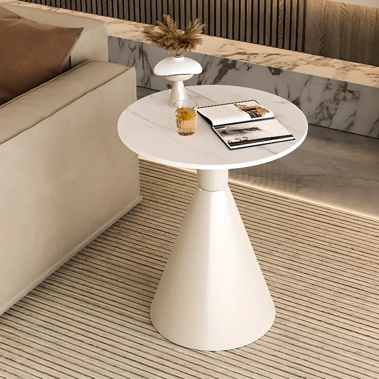 Modish Stone Round End Table with Metal Base