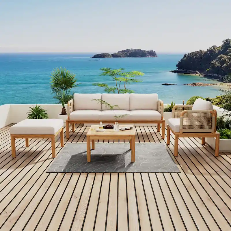 Outdoor 4-piece Acacia Wood and Rope Patio Sofa Set