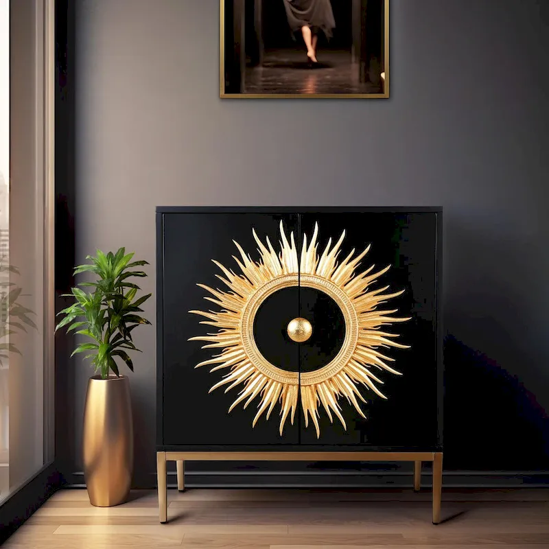 Black & Gold 2-Door Sideboard, Mid-Century Style, Sunburst Pattern