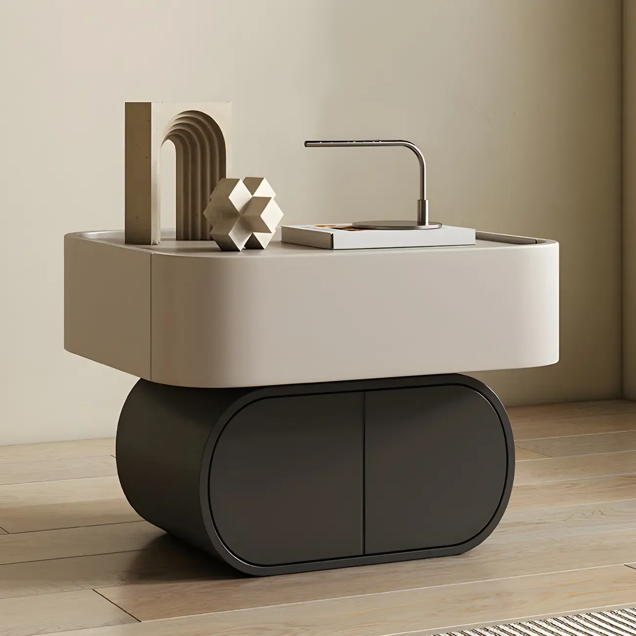 Two-color Wood Beige 2 Drawers Beside Nightstand