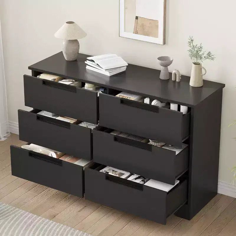 6 Drawer Dresser for Bedroom, Black Modern 6 Chest of Drawers with Embedded Handles Design, Wooden Dresser Organizer for Living Room, Nursery, Hallway