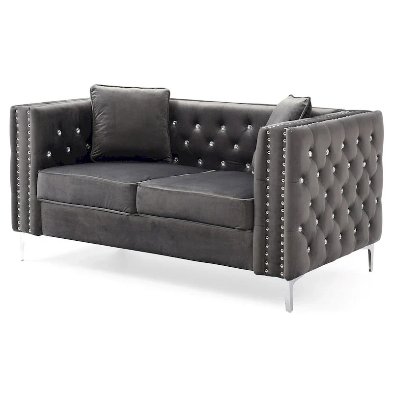 Grey Velvet Button-Tufted 2-Seater Sofa with Nailhead Trim