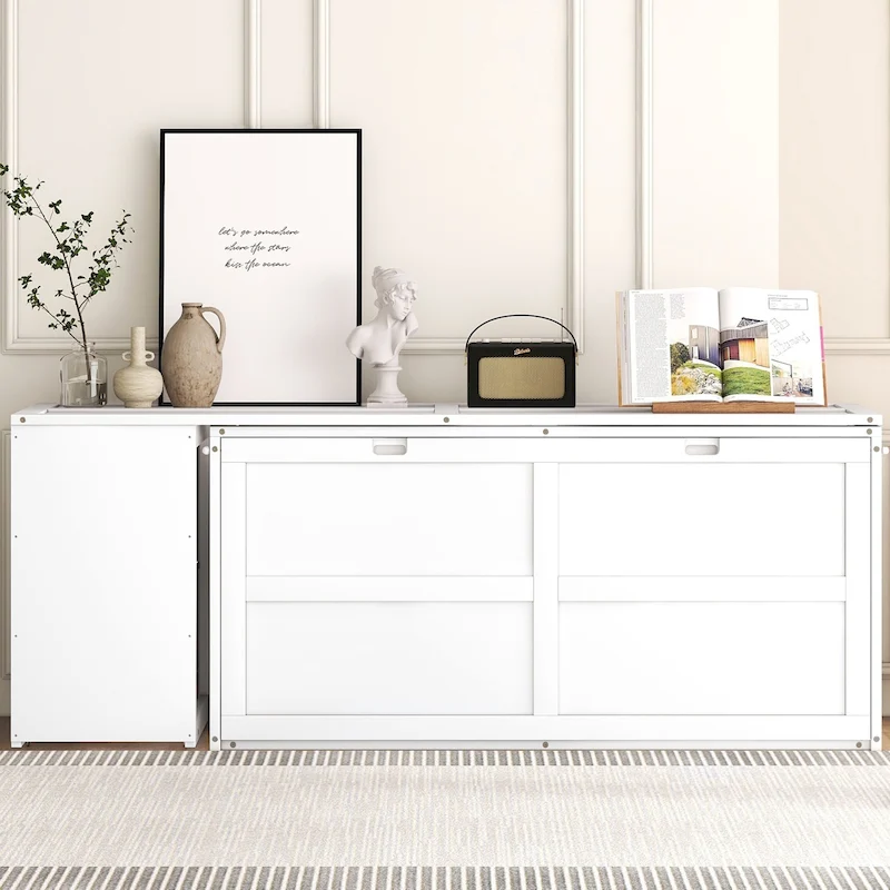 White / Gray Queen Murphy Bed Cabinet with Rotating Desk & 2 Storage Shelves