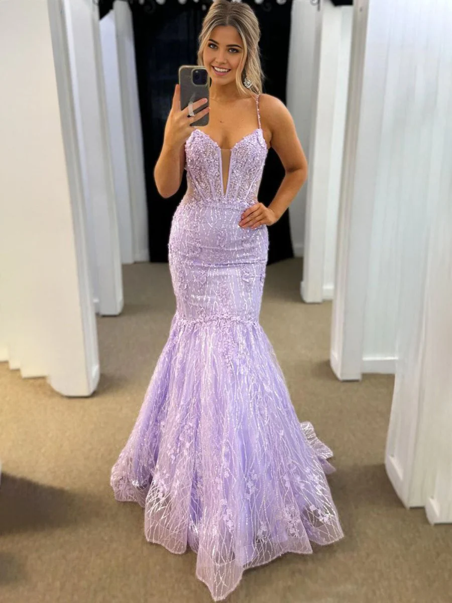 Mermaid V Neck Lavender Lace Tulle Long Prom Dresses