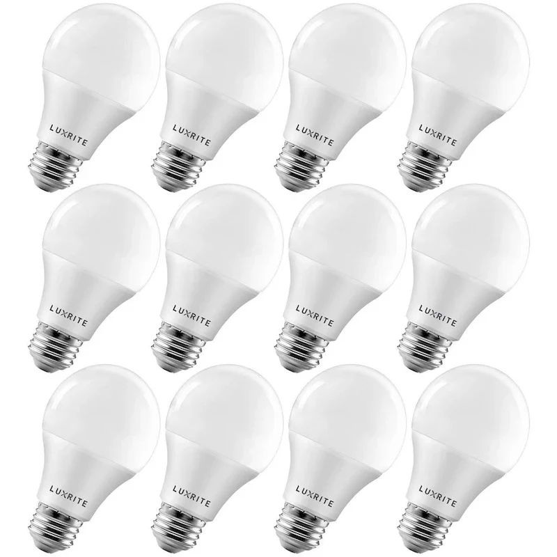 Luxrite A19 LED Light Bulb 60W Equivalent 3500K 800 Lumens Dimmable 9W Enclosed Fixture Rated E26 Base 12 Pack