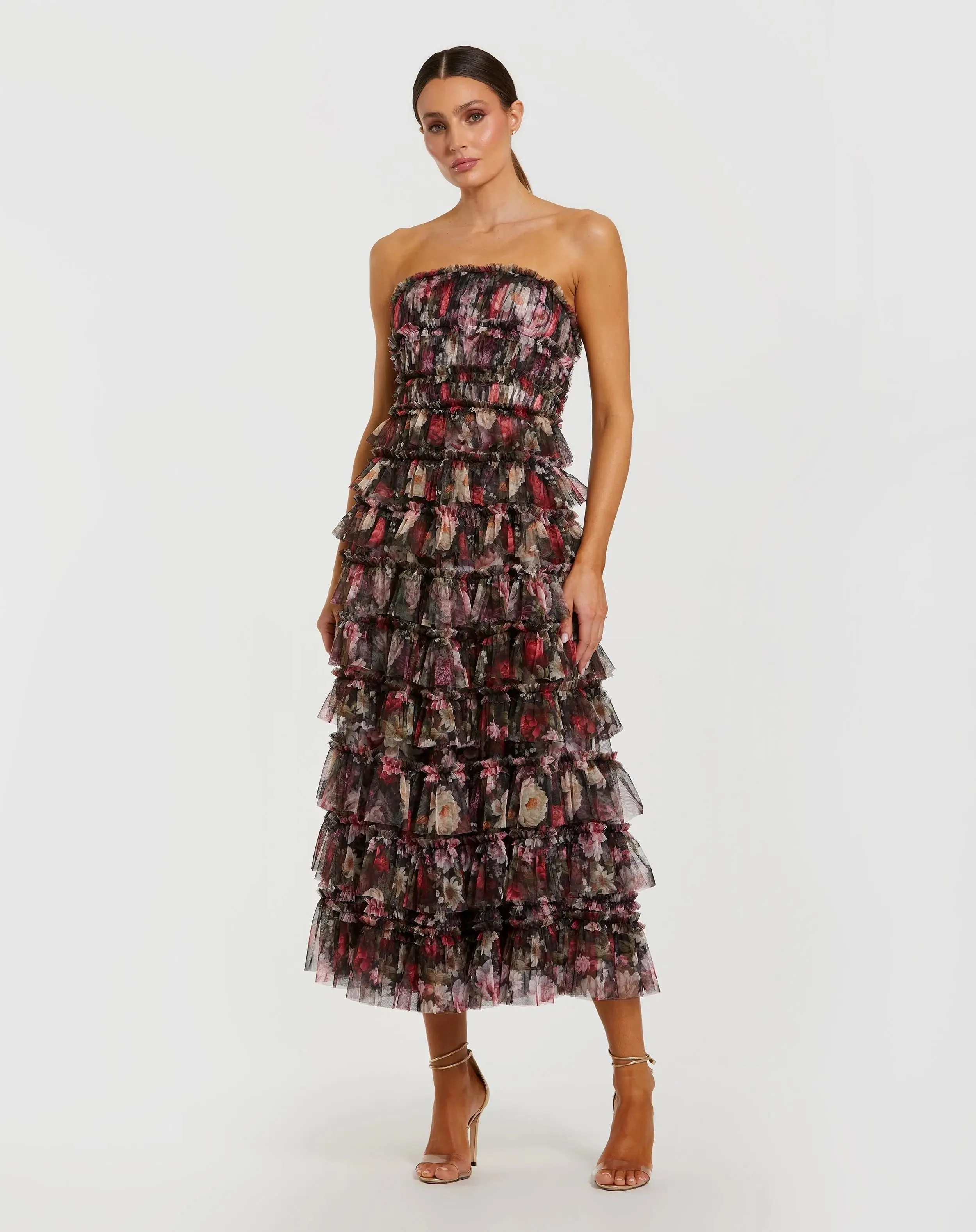 Black Multicolor Strapless Micro Ruffle A Line Midi Dress