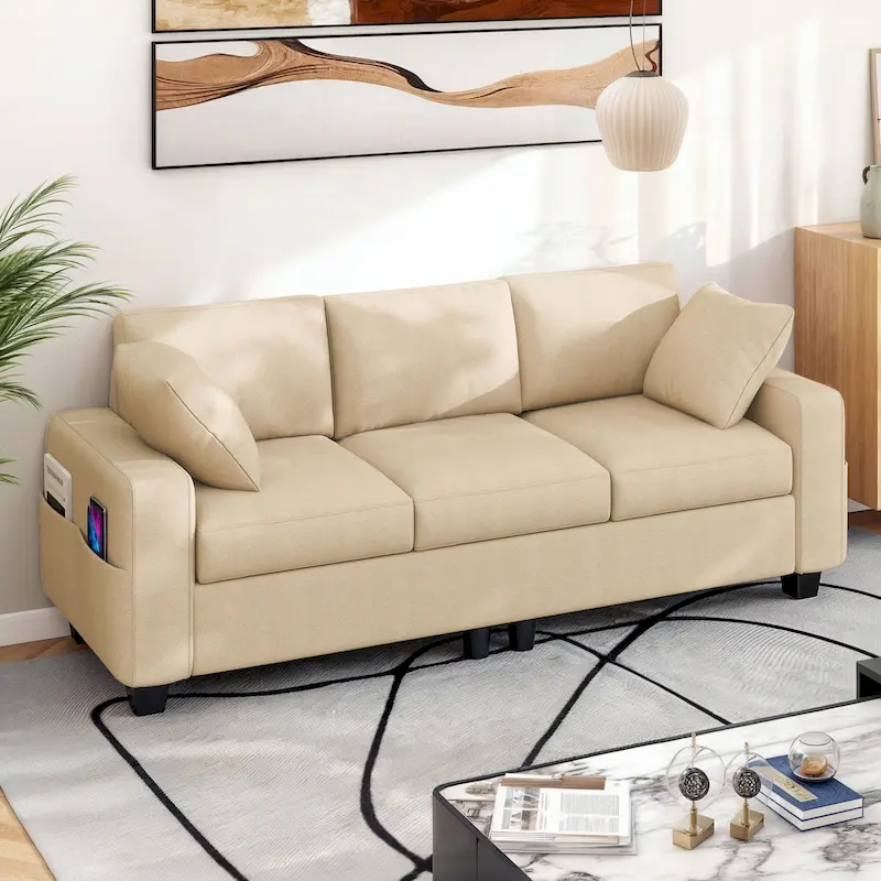 3-Seater Upholstered Sofa with Side Pockets