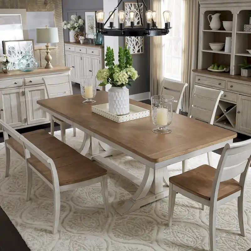 Farmhouse Reimagined Antique White Trestle Dining Table with Chairs and Bench