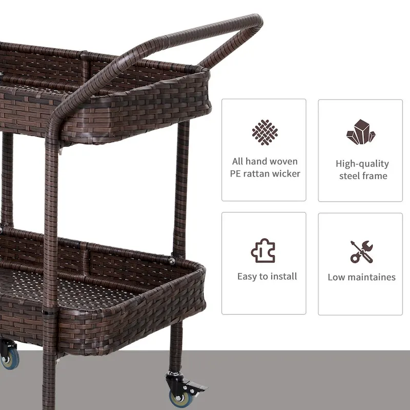 Rattan Wicker Serving Cart with 2-Tier Open Shelf, Brakes