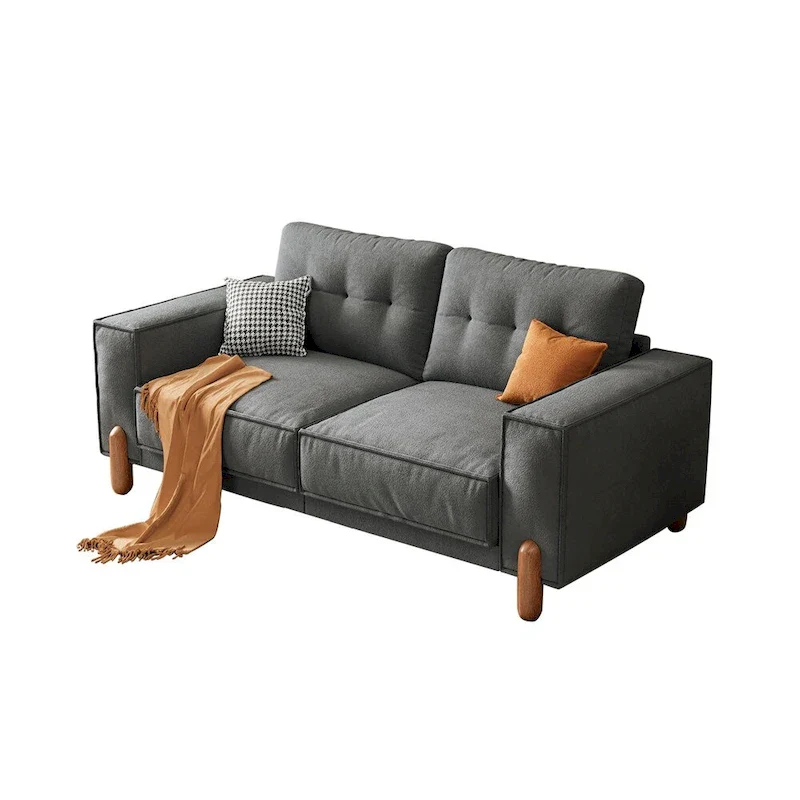Modern Teddy Fabric Upholstered Sofa w/ Wood Legs and 2 Pillows