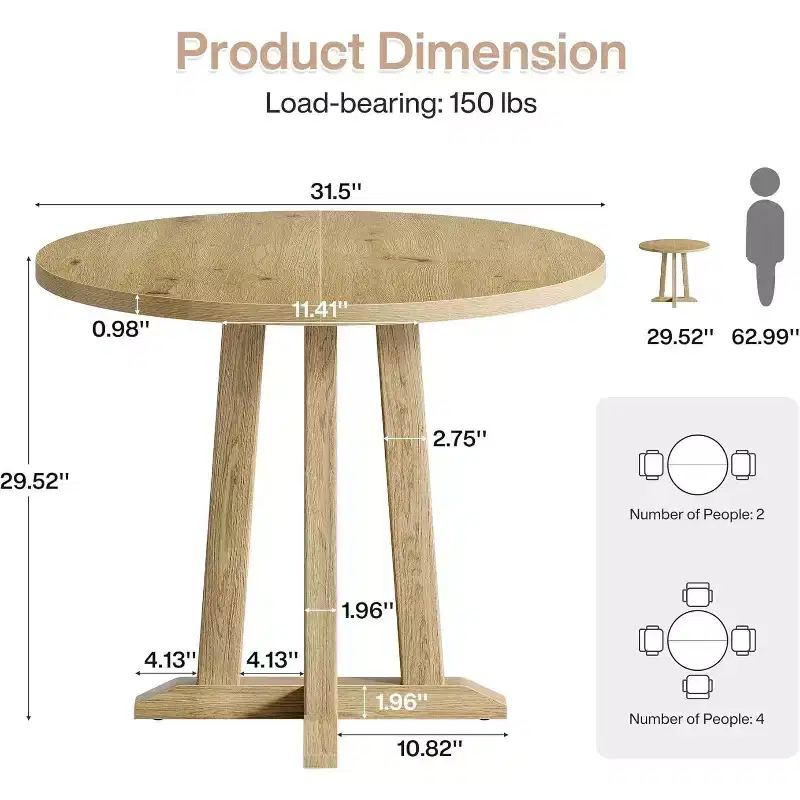 Lantine 31.5-Inch Round Farmhouse Dining Table, Sturdy Unique Base, for 2-4 People, Ideal for Small Spaces like Kitchen, Apartment, Restaurant.