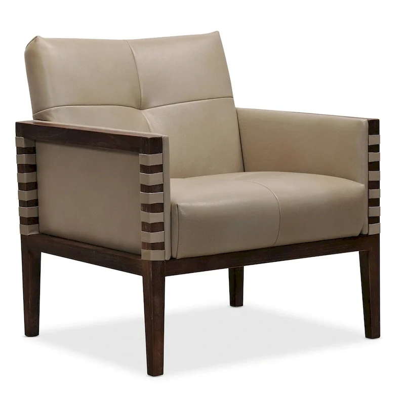 Taupe / Gray Leather Tufted Accent Chair with Wood Frame & Arms – 1-Seat