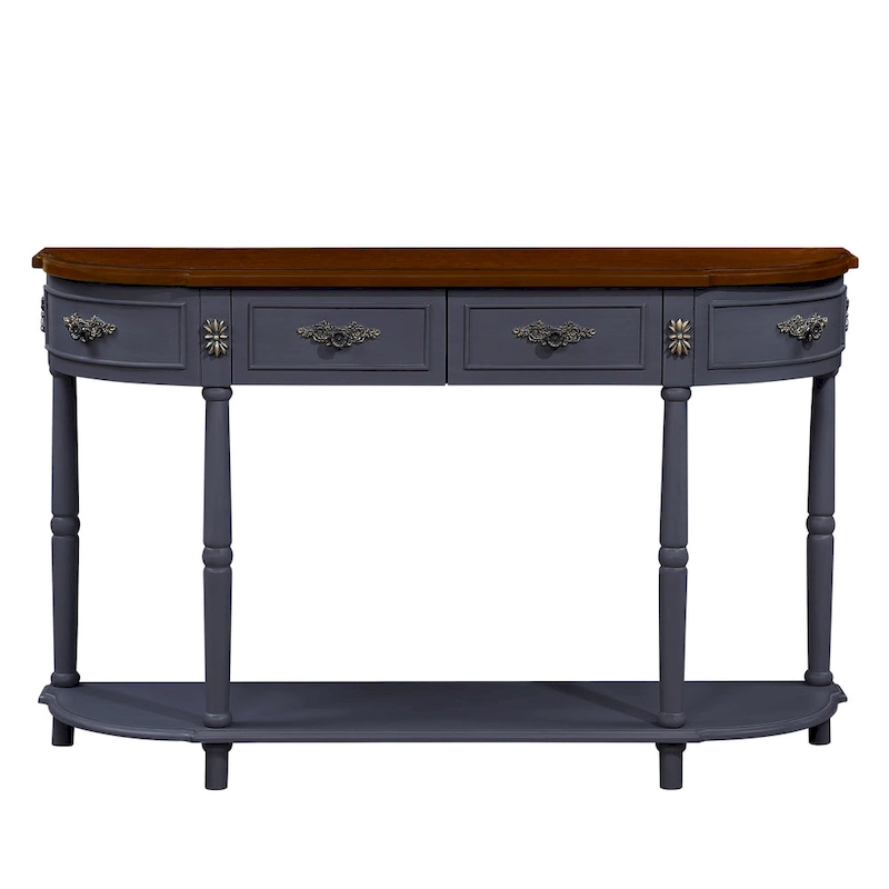 52 inch Circular Half Moon Sofa Table with Open Shelf and 2 Drawers