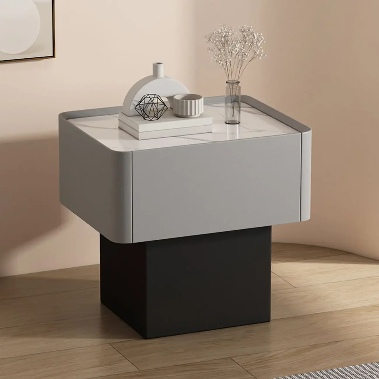 Modern Faux Leather Drawer Nightstand with Stone Top