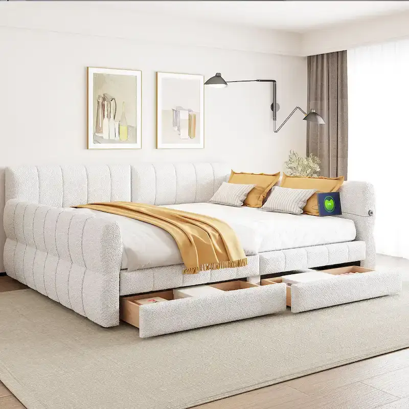 White Queen Platform Bed with USB & 2 Drawers, 2-Person