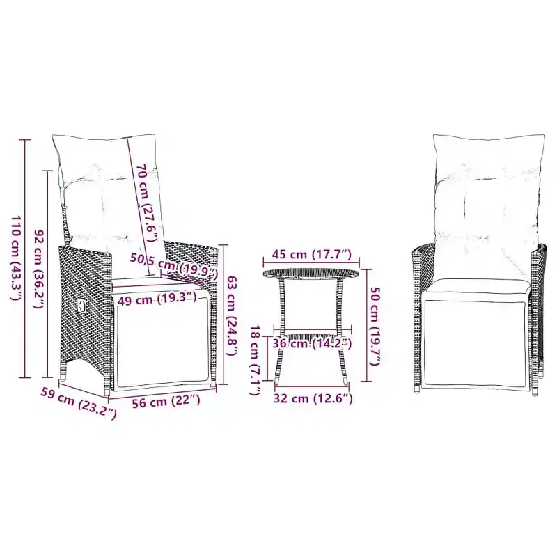 vidaXL 3 Piece Bistro Set with Cushions Gray Poly Rattan