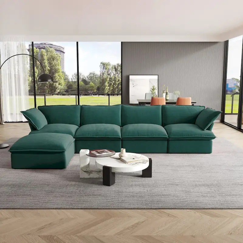 Cloud Sectional Sofa, 5-Seater Down Feather Modular Sofa L-shaped Velvet Wide Deep Seat Convertible Couch.