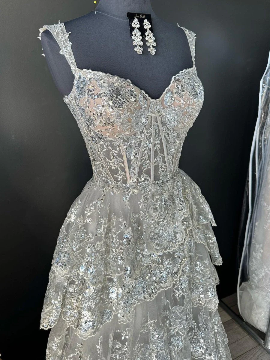 A-Line Lace Off-the-Shoulder Tiered Long Prom Dress with Slit