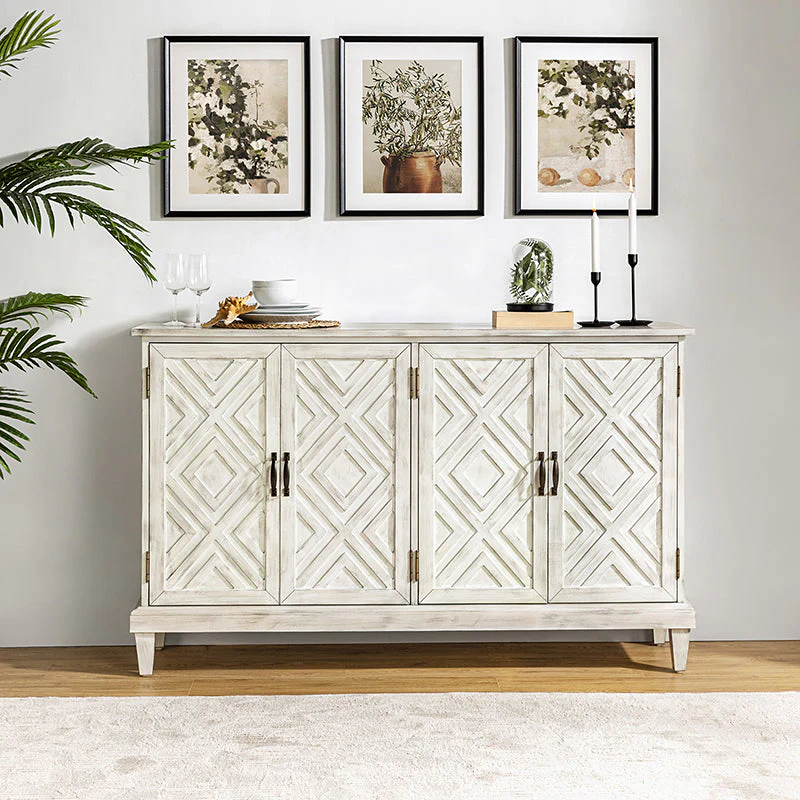 60 in Farmhouse Sideboard with Diamond-Pattern Doors, Bronze Handles & Tapered Legs | White | Single