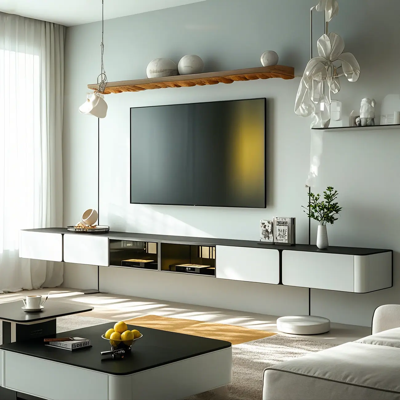 White Modern Stone Floating TV Stand with Cable Management