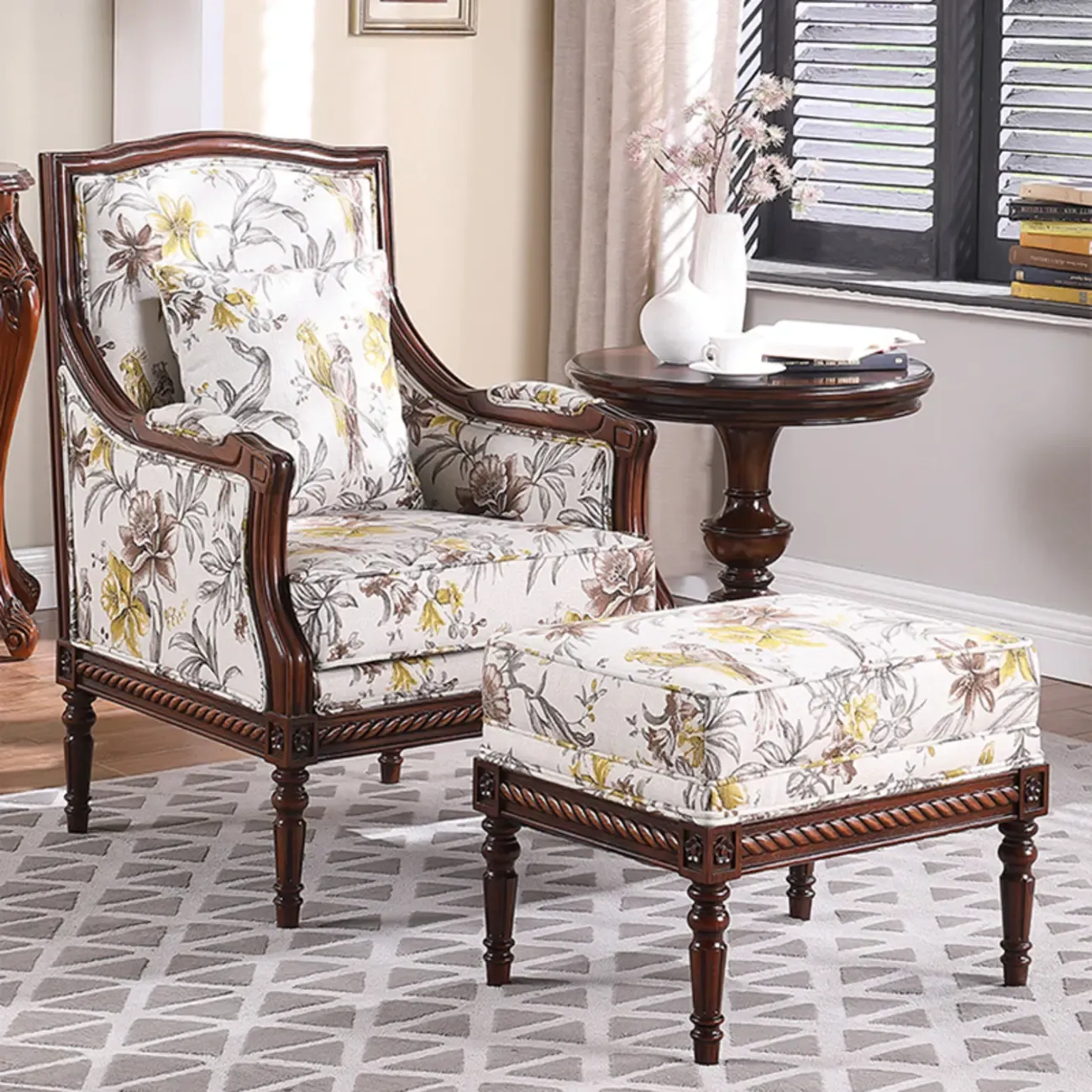 Vintage Fabric Armchair with Floral Pattern and Pillow