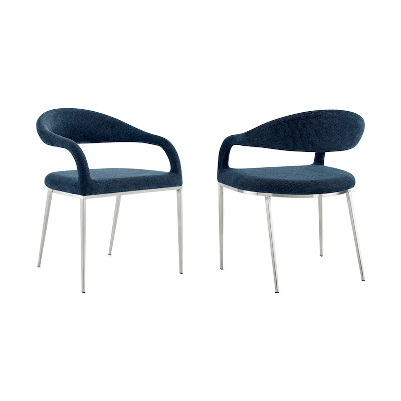 HomeRoots Set of Two Blue And Silver Upholstered Polyester Open Back Dining Arm Chairs
