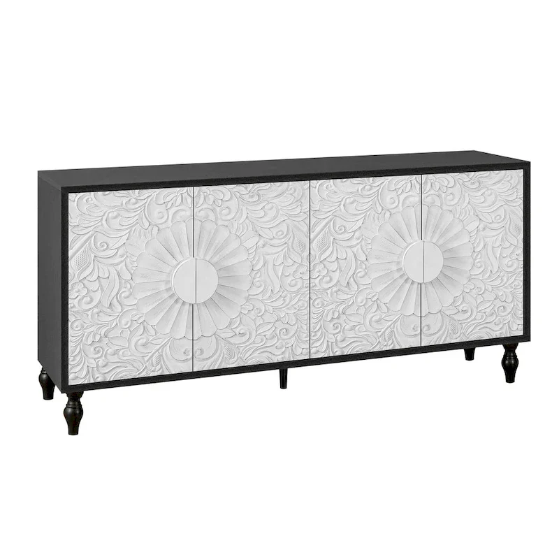 Black & Natural Carved Flower Door Sideboard Cabinet with Shelves