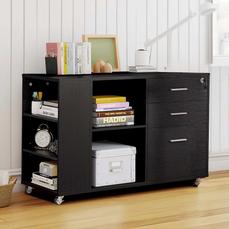 Brown Mobile Wood Lateral File Cabinet with Charging Station & Lock