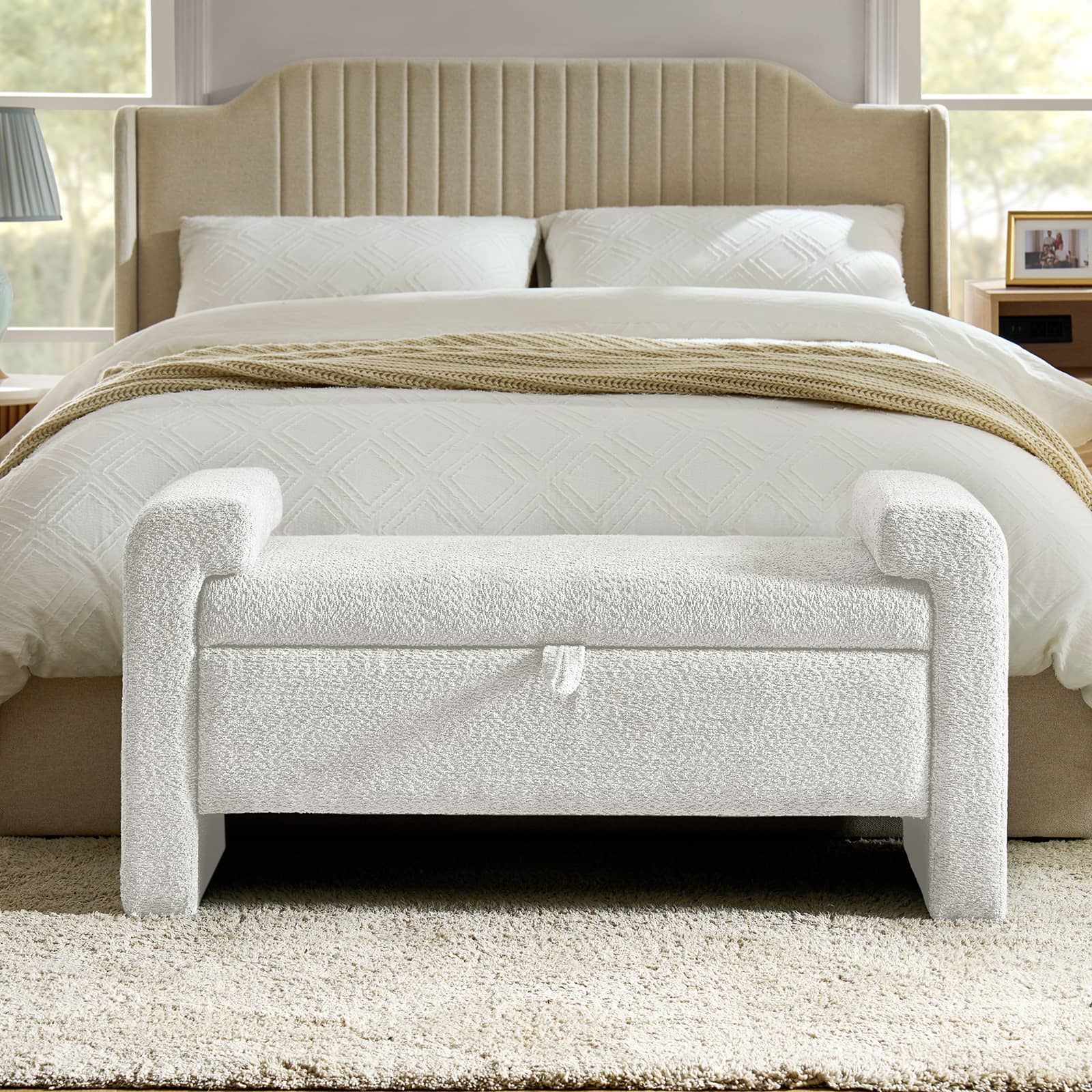 Boucle Fabric Bench with Drop-Down Drawer Storage & Solid Wood Legs | Ivory / Black / Sage | Single