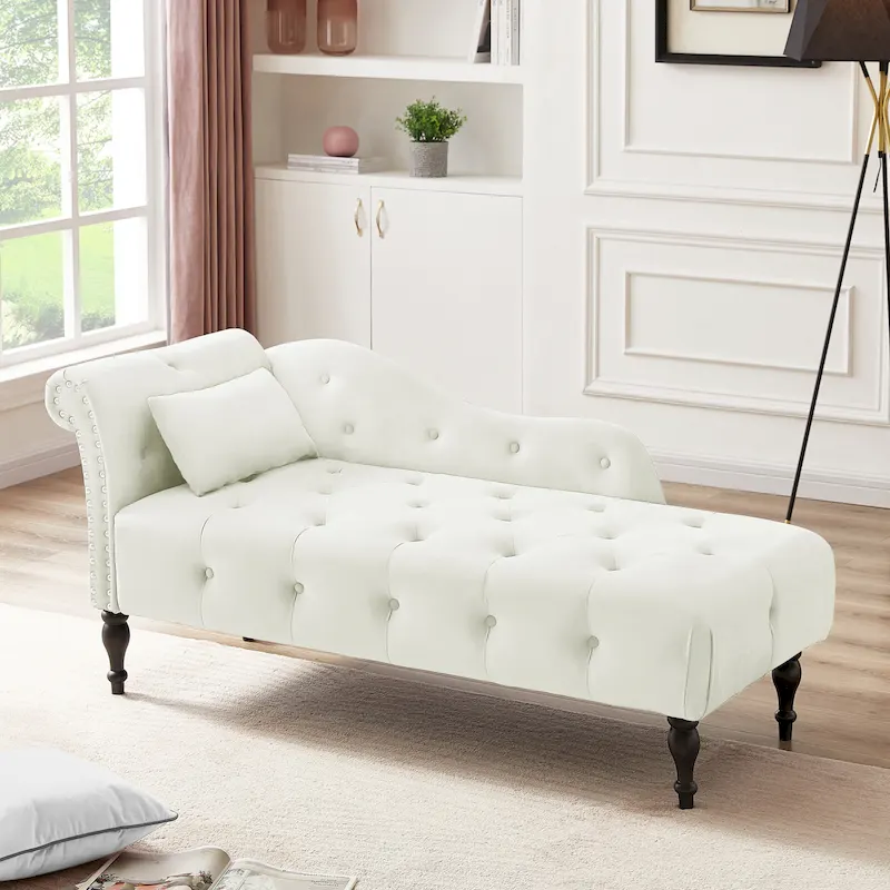 Modern 60.6 Velvet Upholstered Buttons Tufted Chaise Lounge Chair with Solid Wood Legs and Nailheads