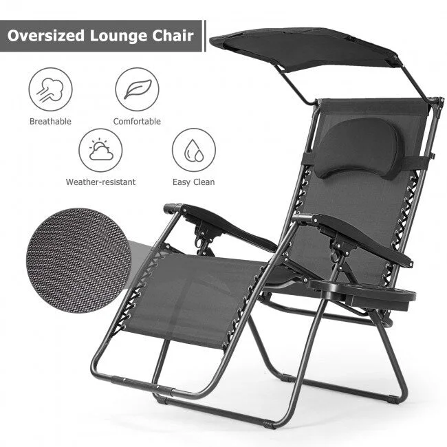 Folding Recliner Lounge Chair w/ Shade Canopy Cup Holder - Gray