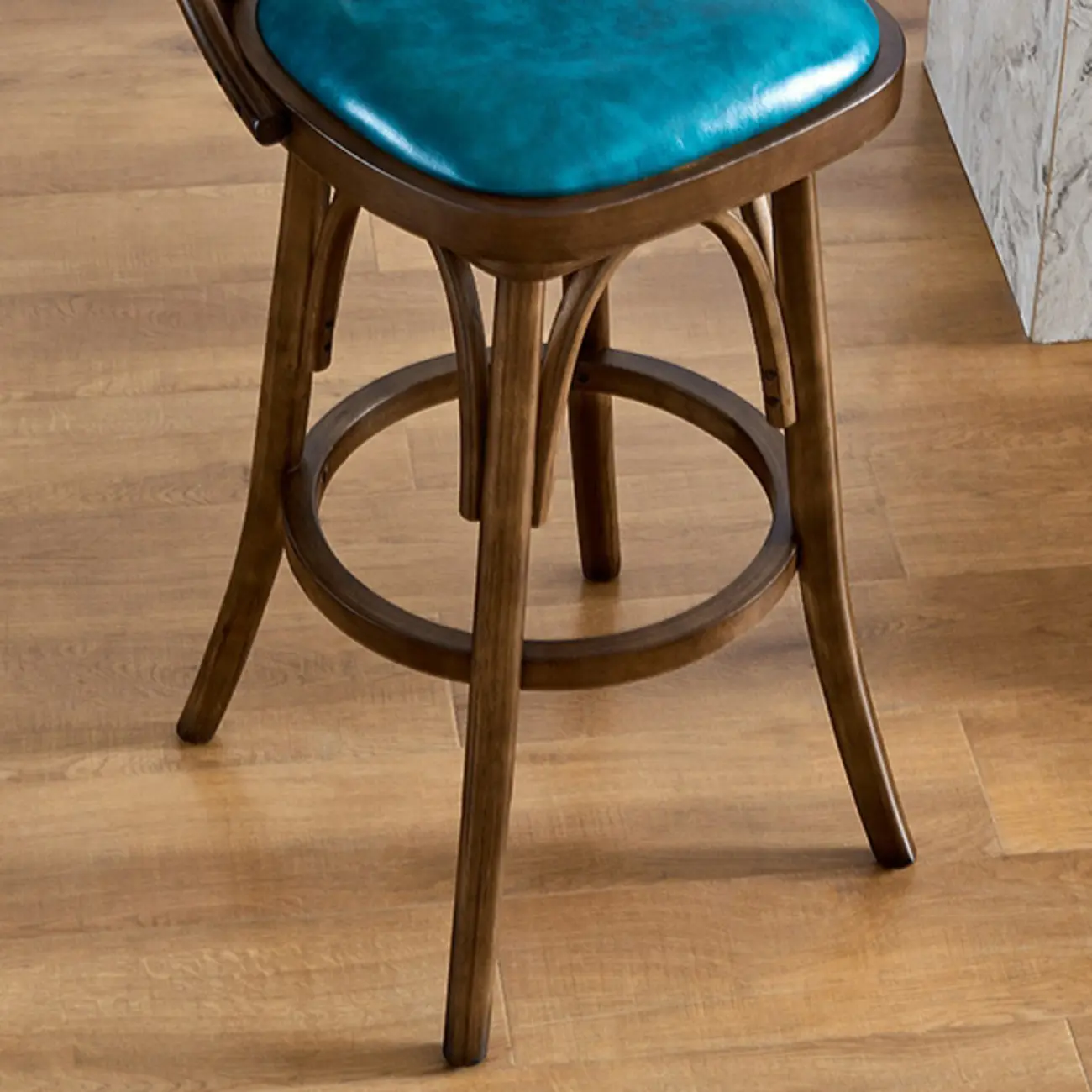 Antique Blue Leather Upholstered Rotatable Bar Stool