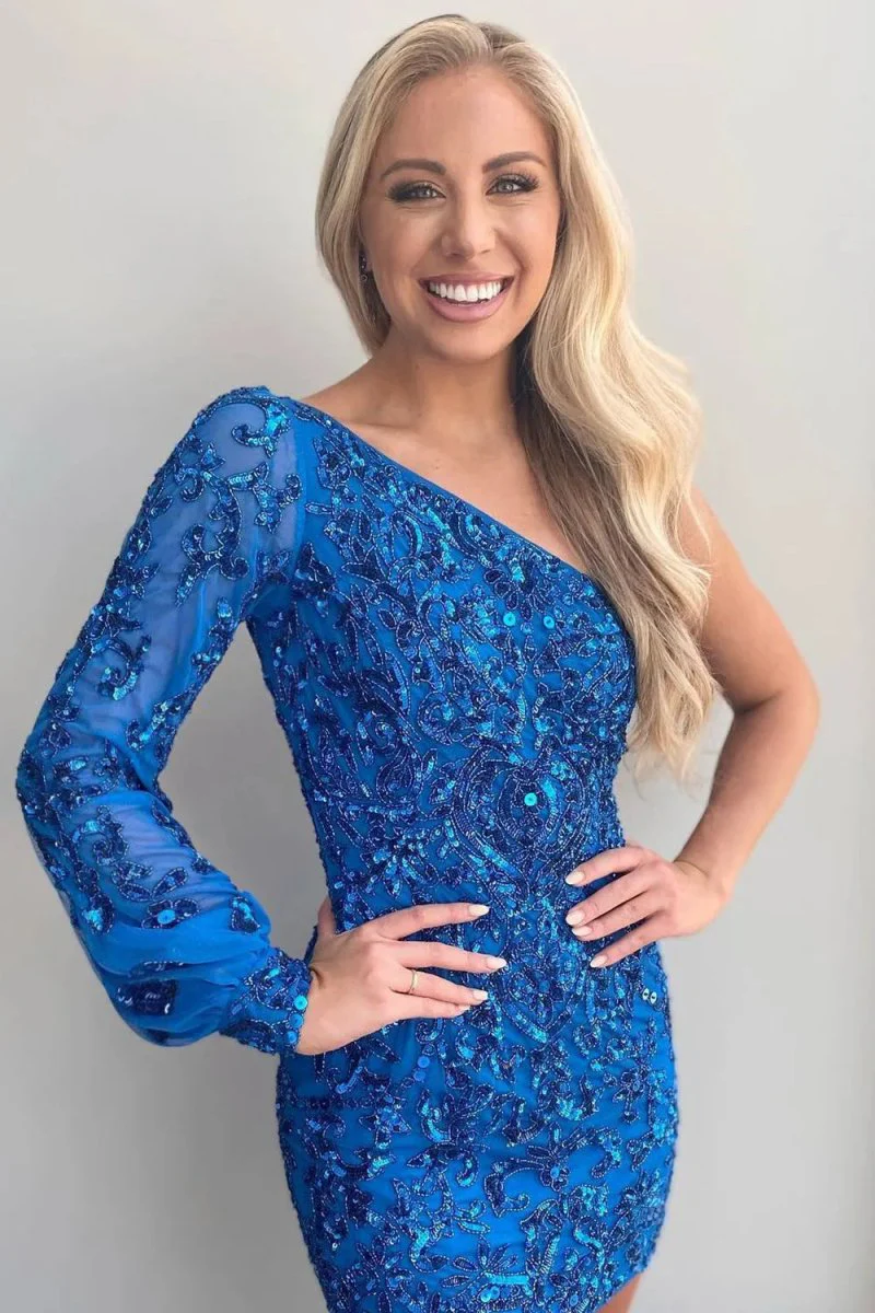 Bodycon One Shoulder Blue Long Sleeve Sequins Short Homecoming Dresses