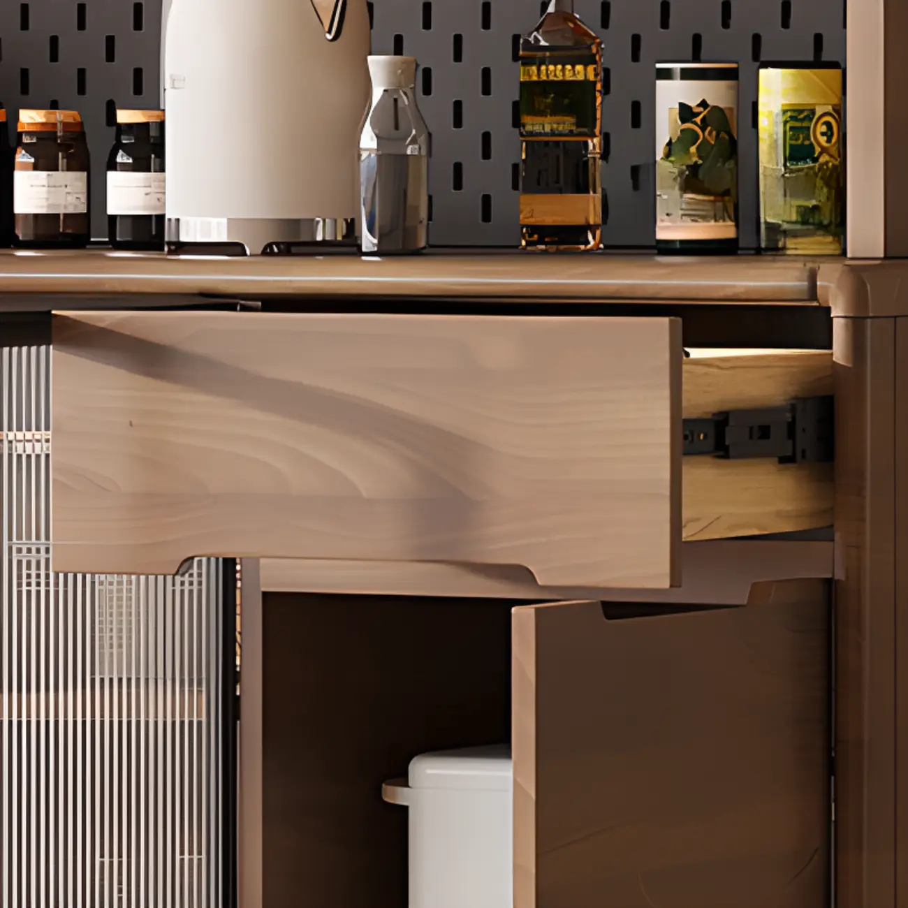 Kitchen Brown Wooden Hutch Top Sideboards with Pegboard Back