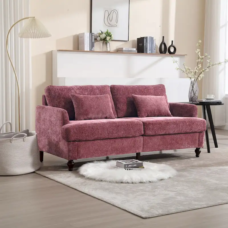 Chenille Fabric Loveseat with Detachable Cushions – Green / Orange / Beige / Black / Grey / Wine Red, Modern Style, Seats 2