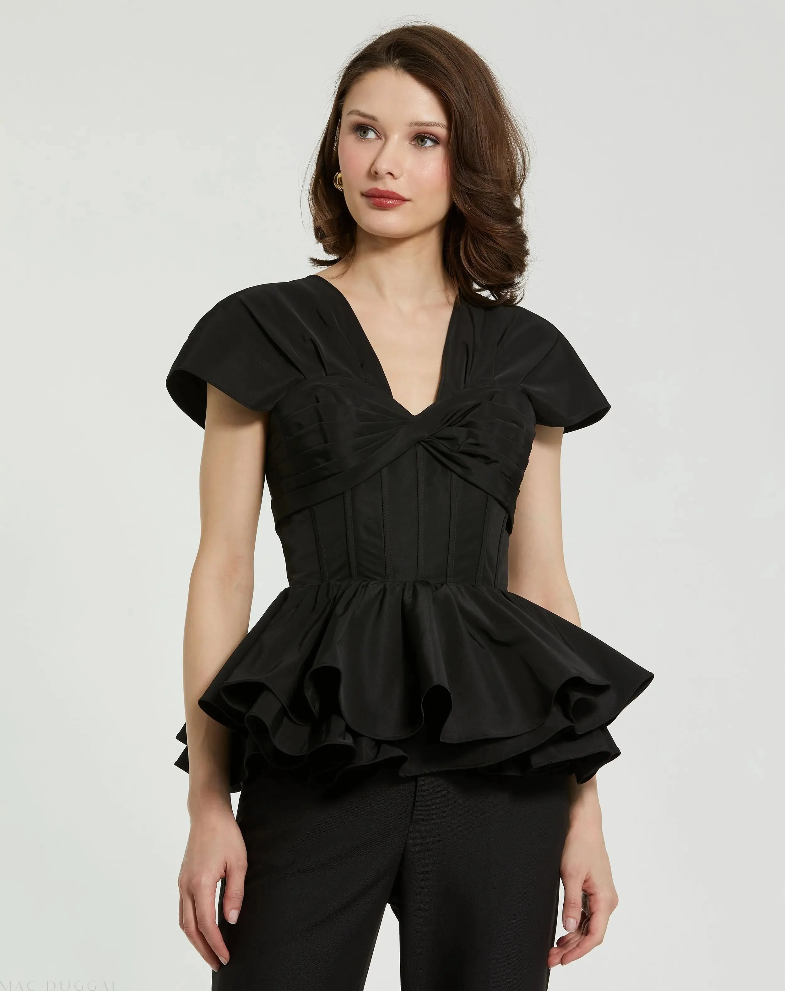 Black Faille Twist Bustier Peplum Top