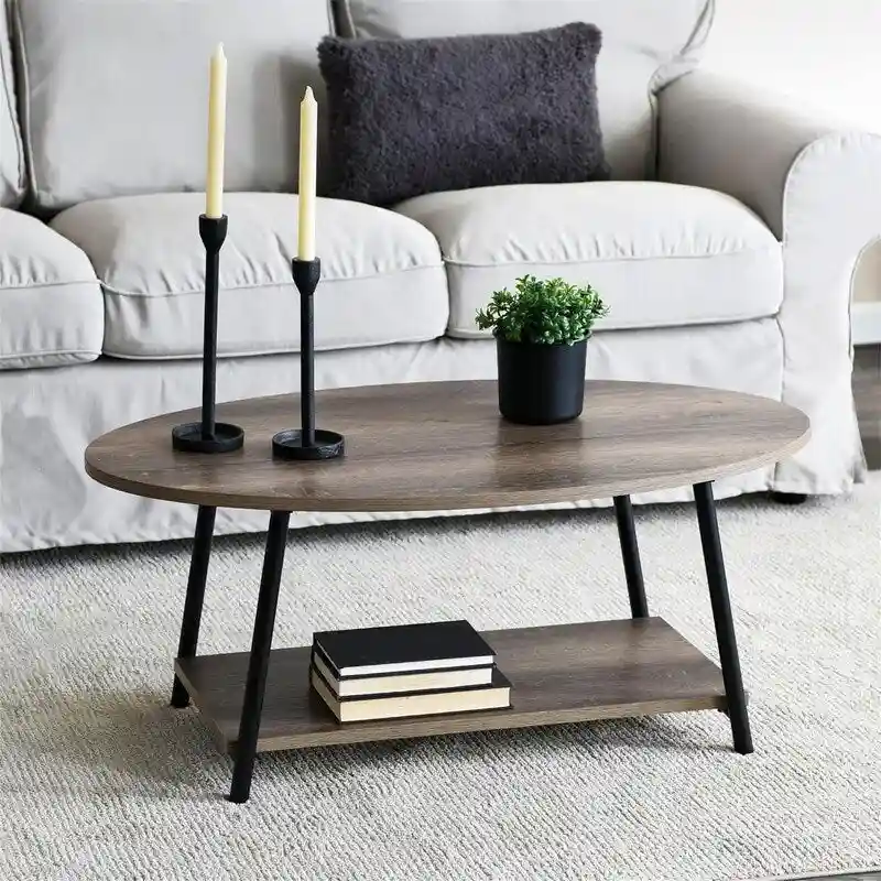Oval Rustic Coffee Table with Storage Shelf - 23.43D x 39.37W x 16.54H