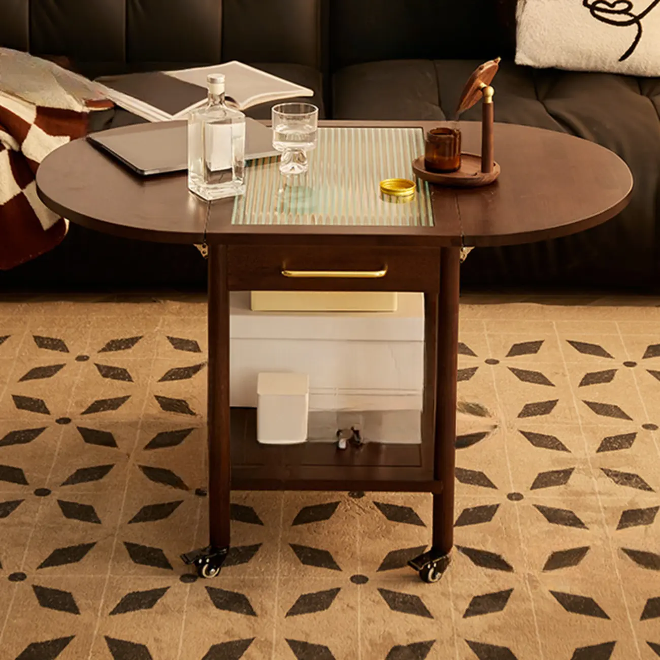 Small Foldable Mobile Wood Glass Oval Side Table with Drawer