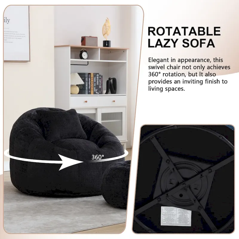 HOMEFUN Chenille Upholstered Round Lazy Cozy Bean Bag Chair with Ottoman and a Pillow