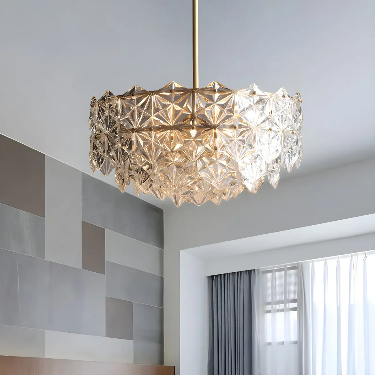 Modern Glamorous Crystal Hexagon Round Tiered Chandelier