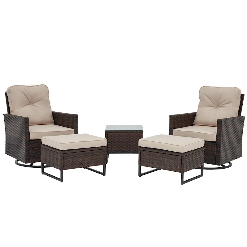 AVAWING 5 PCS Outdoor Wicker Swivel Rocking Chairs with 2 Ottomans and 1 Side Table
